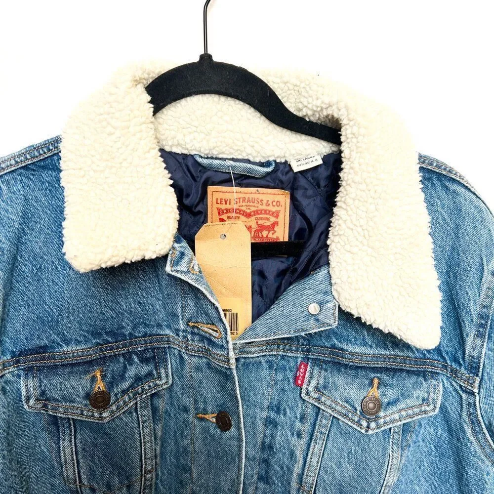 NWT Levi's Original Trucker Denim Jean Jacket Medium Wash Sherpa Lined Collar 1X